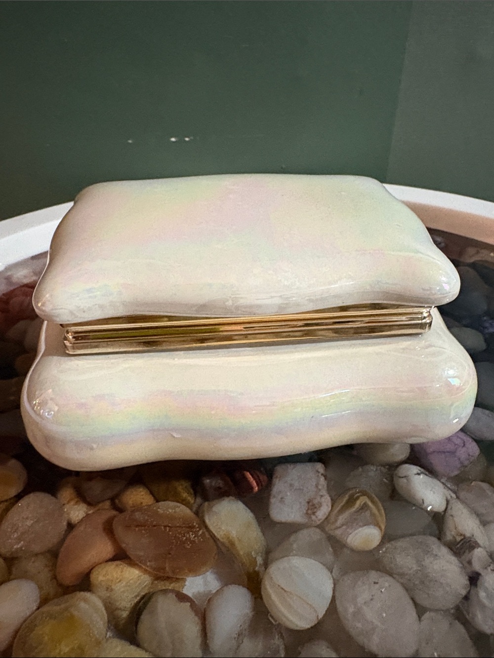 Vintage luster Porcelain jewelry Trinket casket box with Gold Trim